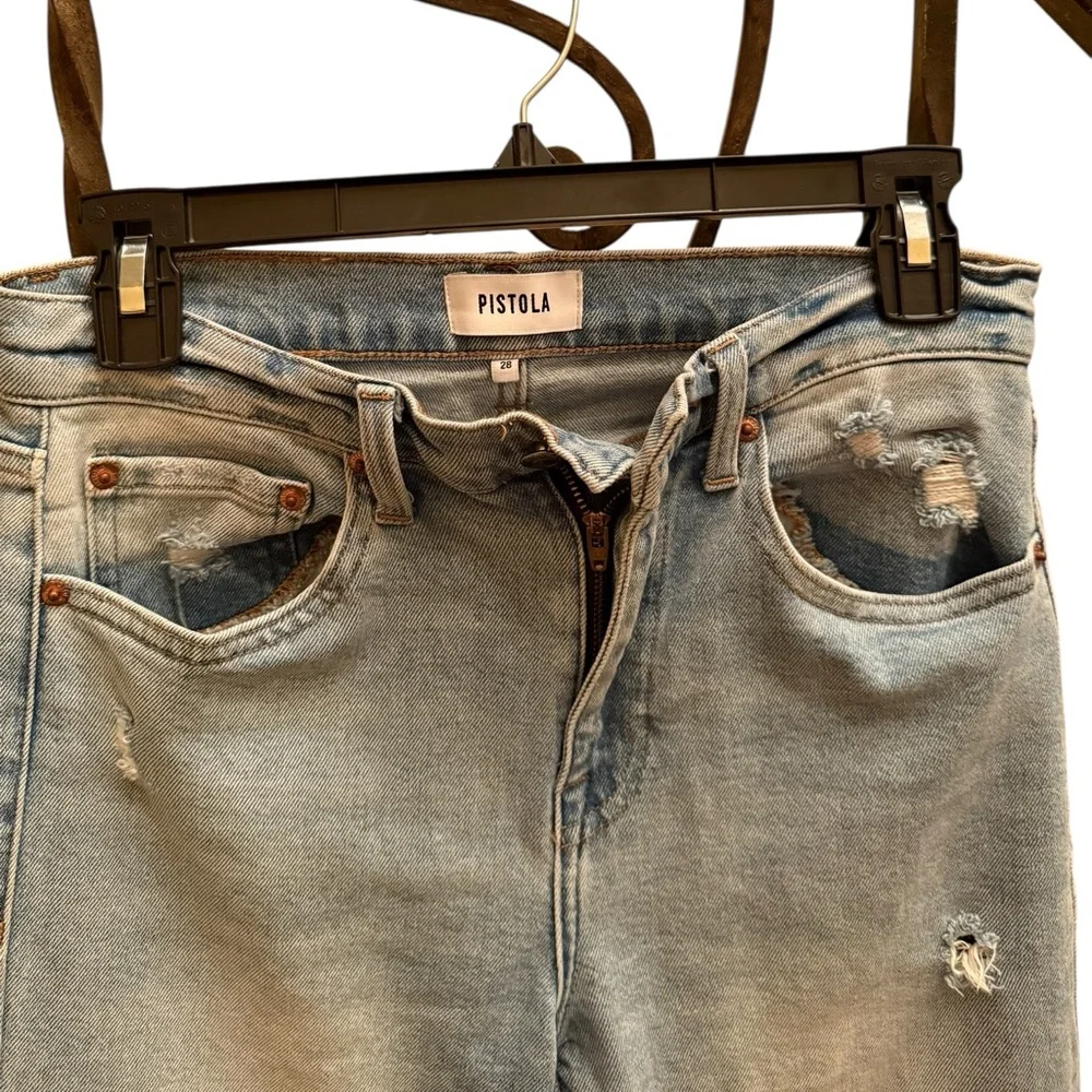 PISTOLA High Rise Medium Blue Distressed Ripped Straight Leg Women’s Jeans 28 - Picture 6 of 11